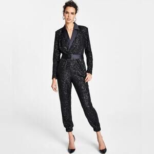 INC INTERNATIONAL CONCEPTS Collared Sequins Jumpsuit Black